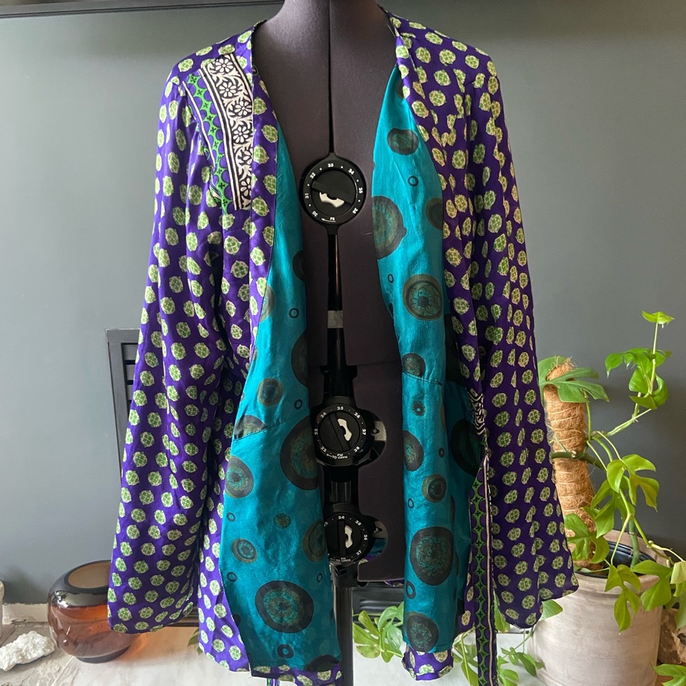 Turquoise silk reversible kimono or robe